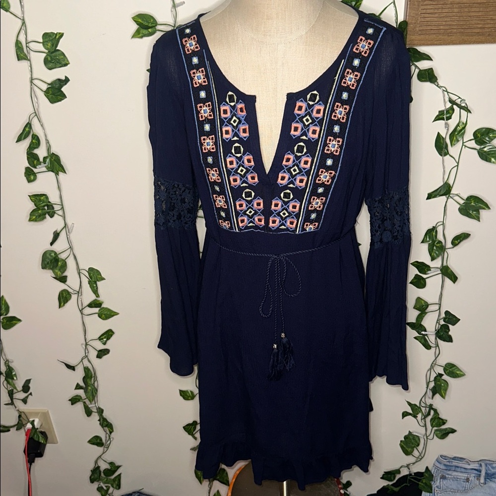 Peachpuff USA Flowy Mini Dress Printed Lacey Cold Shoulder Dress Longsleeve
